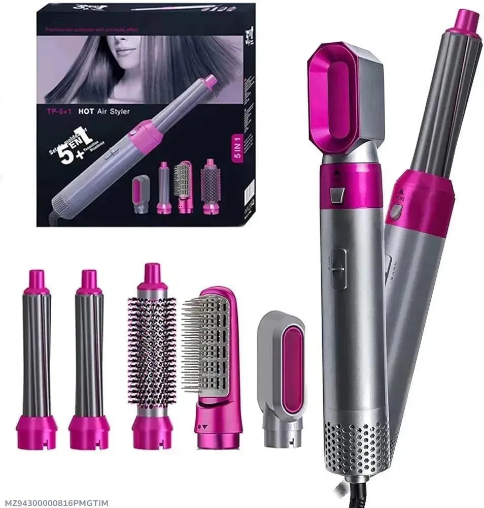 5-in-1 Hair Curler Straightener Brush Styler Pink Silver