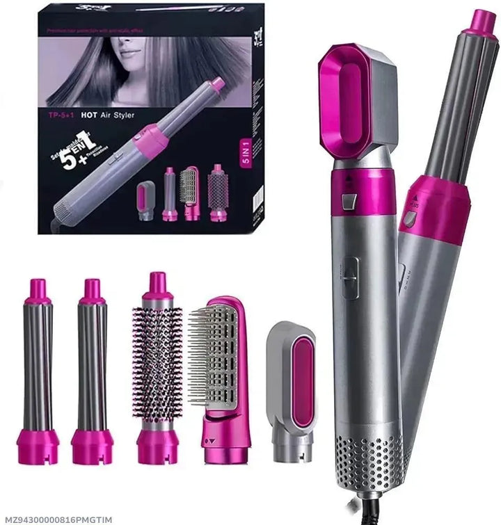 5-in-1 Hair Curler Straightener Brush Styler Pink Silver