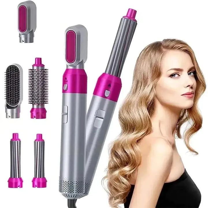 5-in-1 Hair Curler Straightener Brush Styler Pink Silver