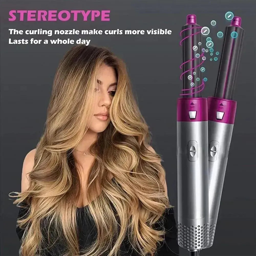 5-in-1 Hair Curler Straightener Brush Styler Pink Silver