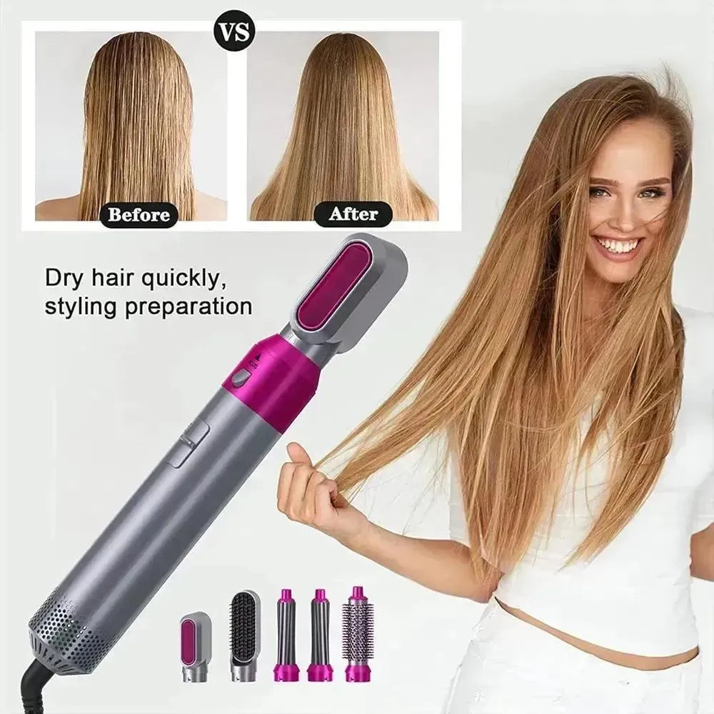 5-in-1 Hair Curler Straightener Brush Styler Pink Silver